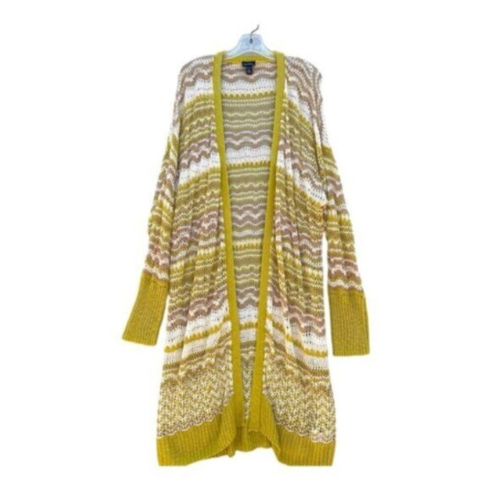 Scoop Chevron Pointelle Open Front Duster Cardigan Mustard Yellow Plus Size 3X